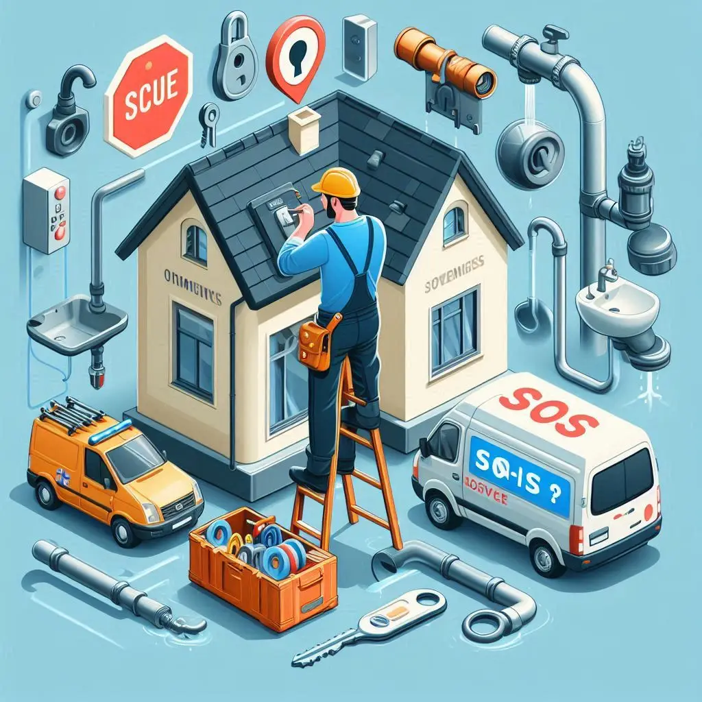 Ház karbantartás és SOS javítás szimbólumok: munkás létrán, szerszámok, zár, csaptelep és SOS furgon.