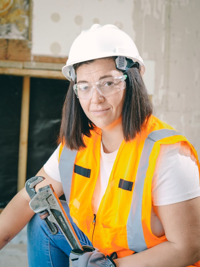 pexels-photo-8486923-1 Female construction worker wearing PPE, holding a wrench in an indoor setting.