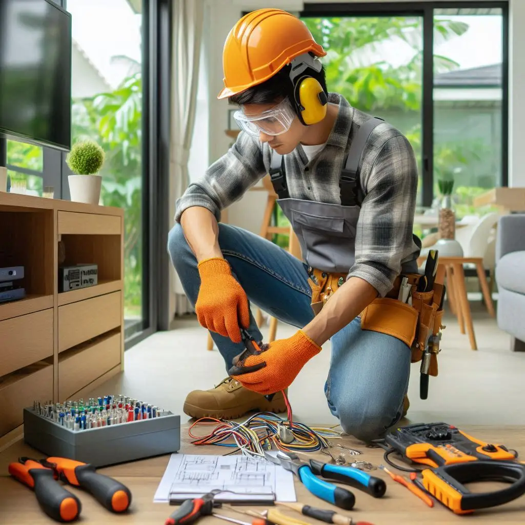 Ház karbantartás és SOS javítás szimbólumok: munkás létrán, szerszámok, zár, csaptelep és SOS furgon.